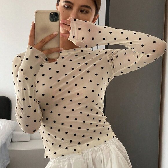 Beige Casual Women's Polka Dot Slim Fit Round Neck Long Sleeve Top - Picture 2 of 9